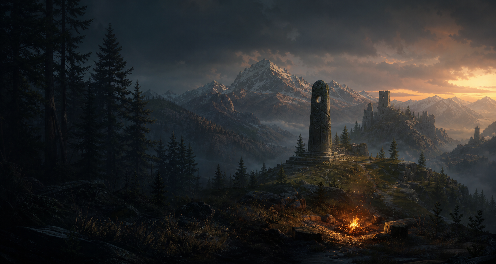A northern fantasy landscape with mountains, pine forests, old ruins, and a campfire at dusk.