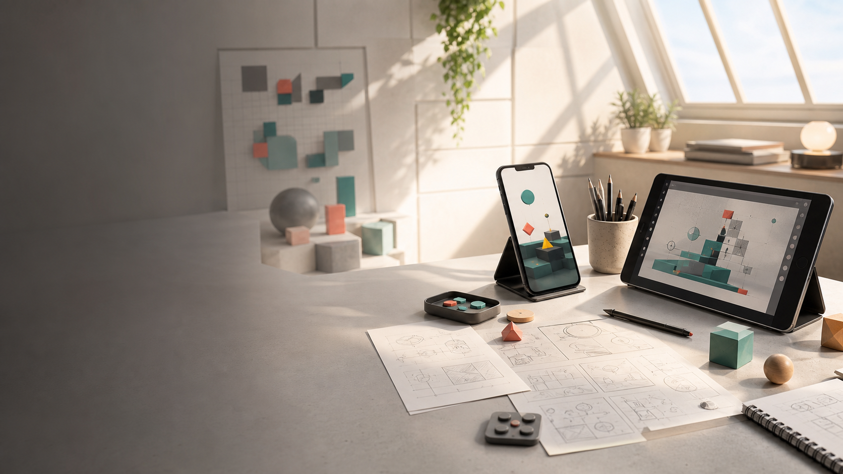 A bright game design workspace with a phone, drawing tablet and paper prototypes
